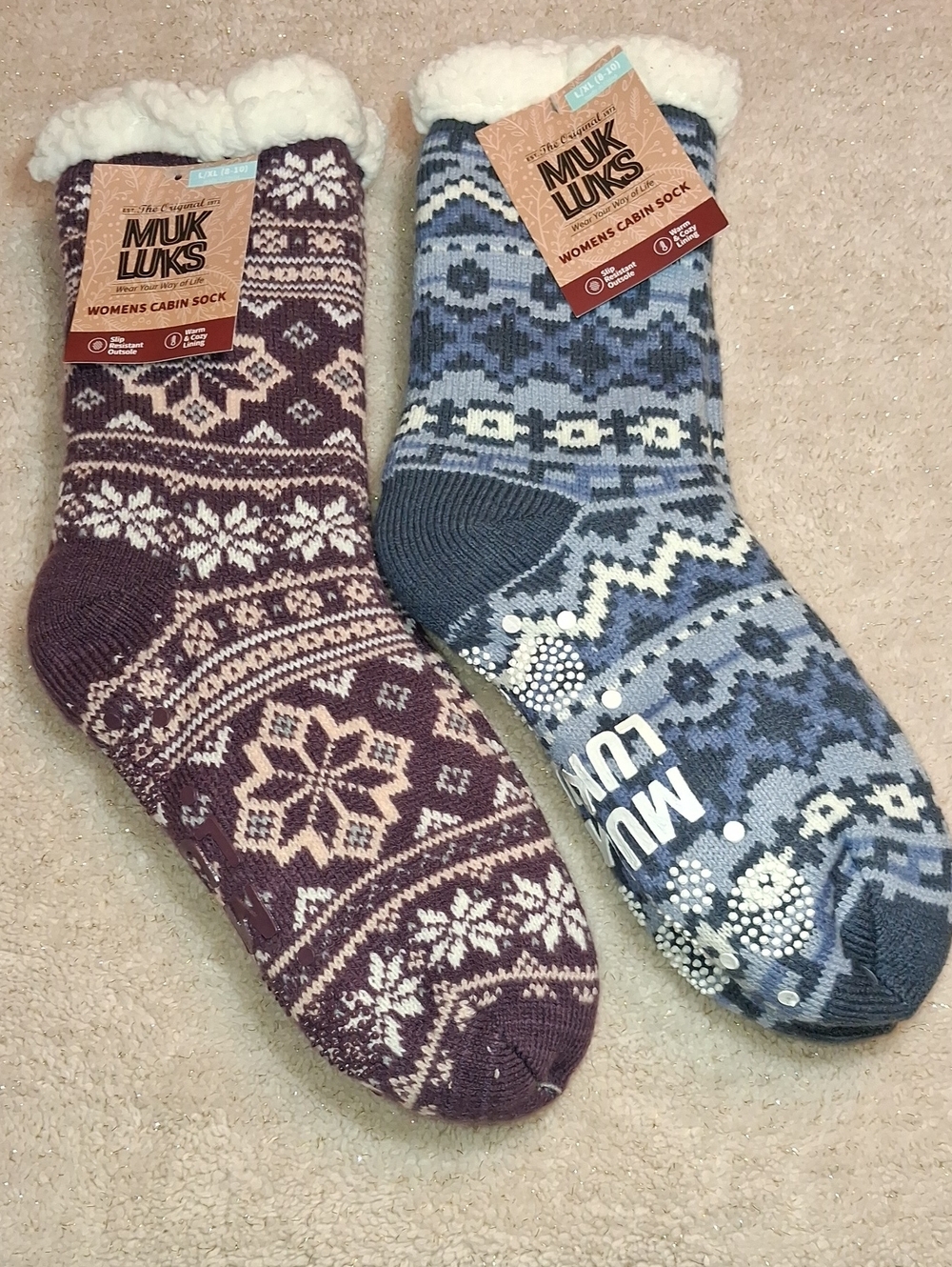 Muk Luks Cabin Socks - Burgundy & Blue Fair Isle Sherpa-Lined